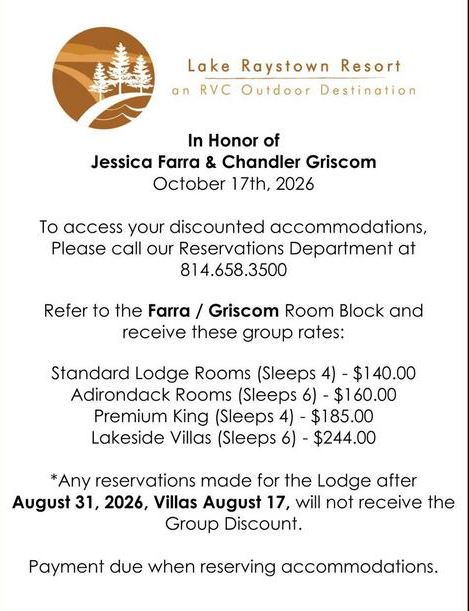 Lake Raystown Resort room block details for the Farra / Griscom wedding