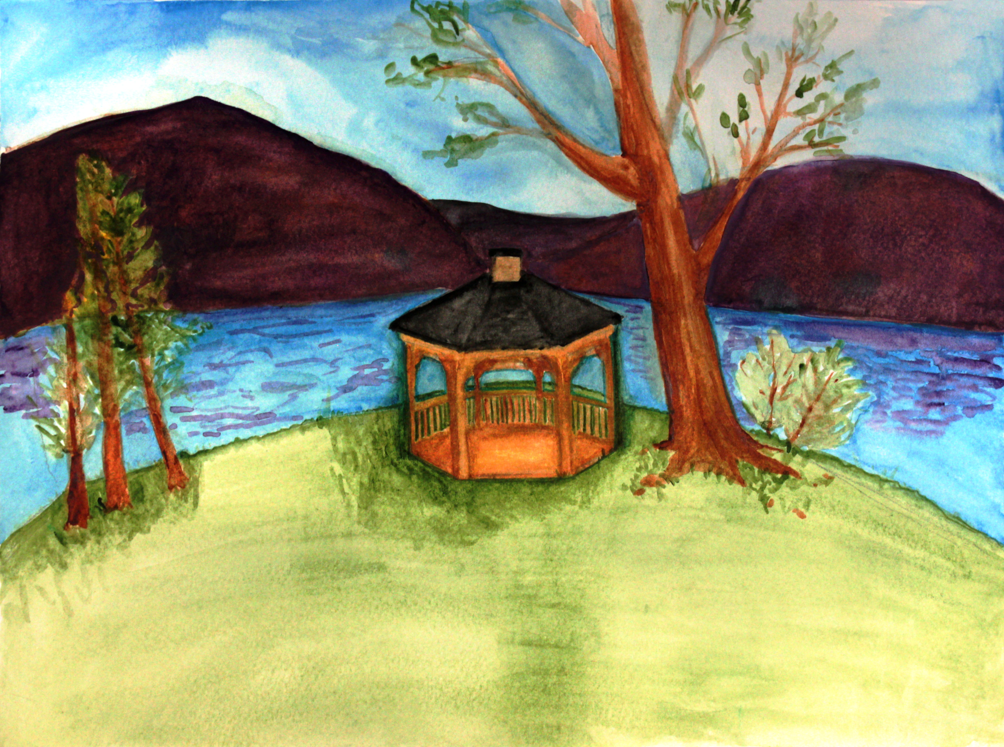 Watercolor painting of the gazebo overlooking Lake Raystown